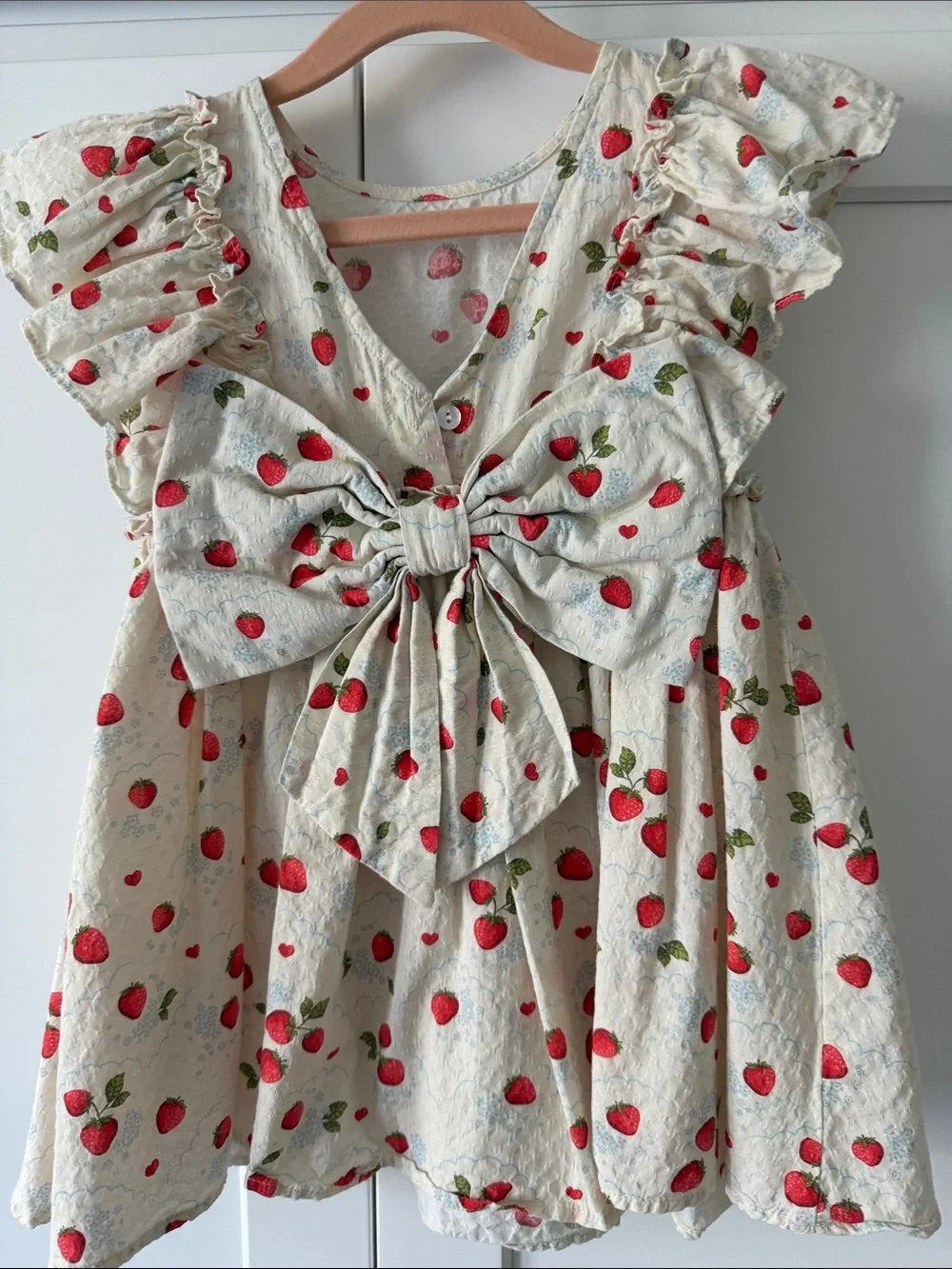 Konges Slojd Girls Cream Strawberry Print Ruffle Dress with Bow in the Back 2Y